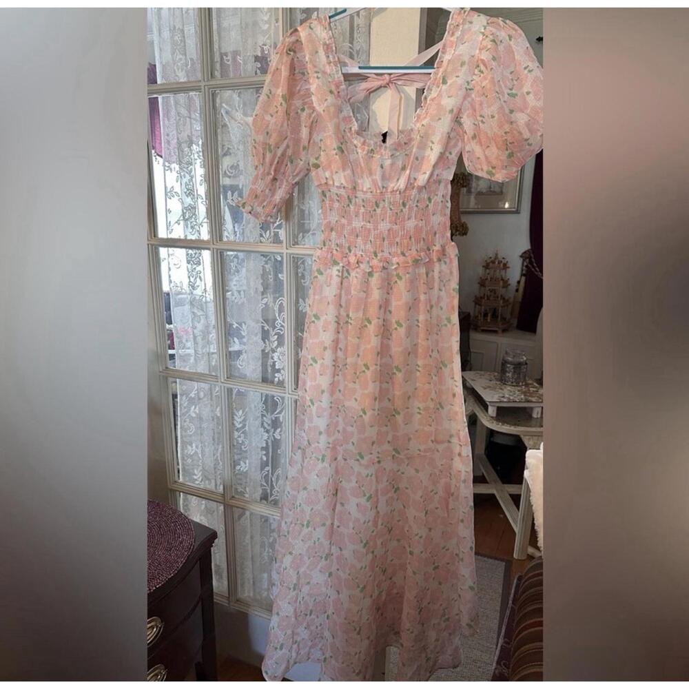SISTER JANE Puff Short Sleeve Shirred Floral Long Dress Blush Floral Size Small - Picture 3 of 9